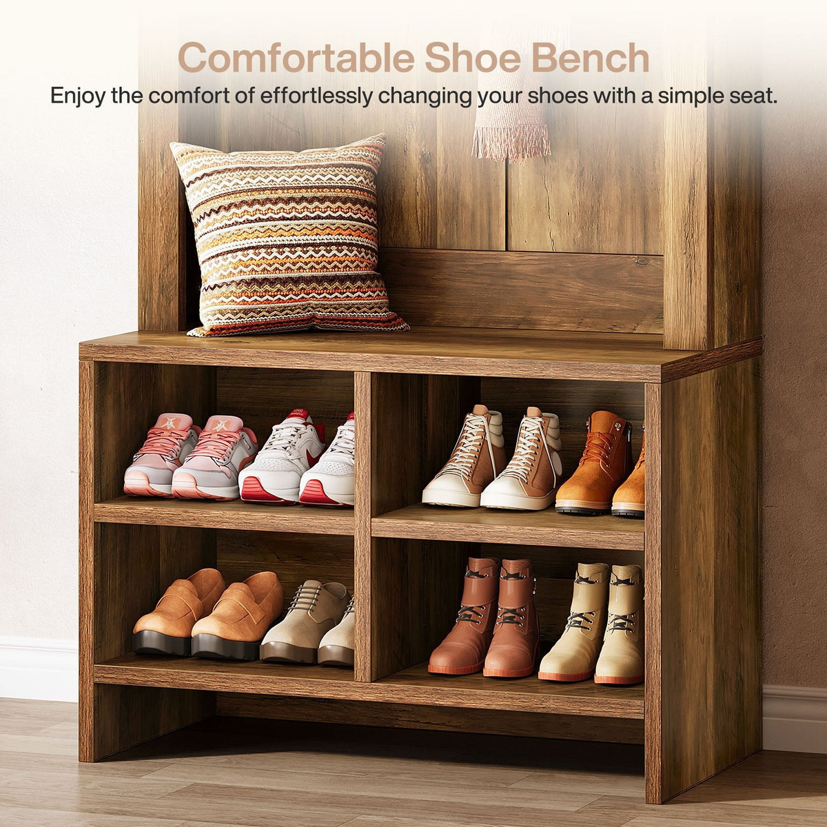 Bench seat above four shoe compartments filled with shoes and boots