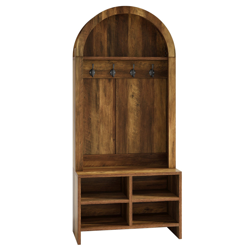 Rustic brown arched hall tree with bench and shoe shelves on a plain background