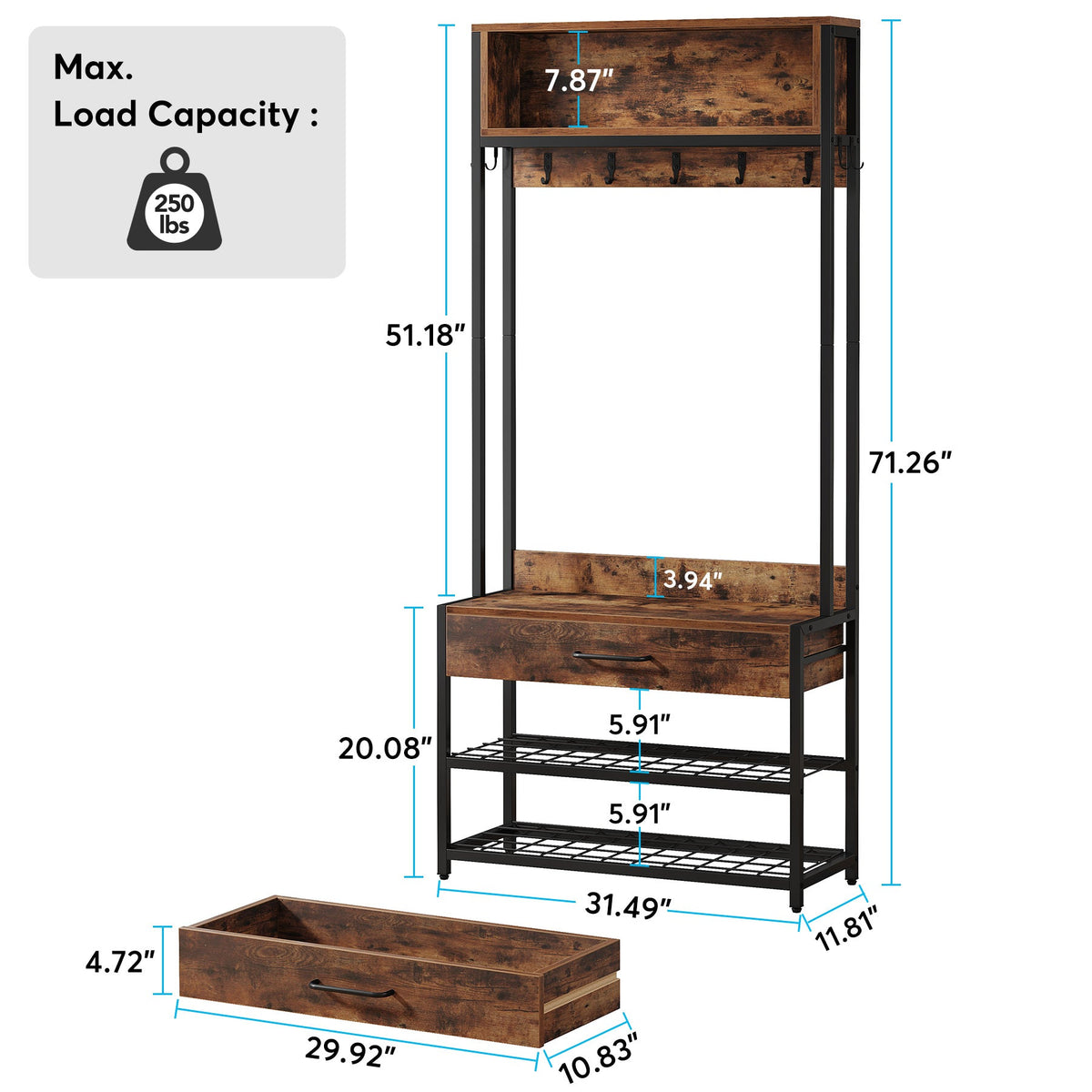 Dimension diagram: 31.49 x 11.81 x 71.26 in, drawer 29.92 x 10.83, 250 lb max load