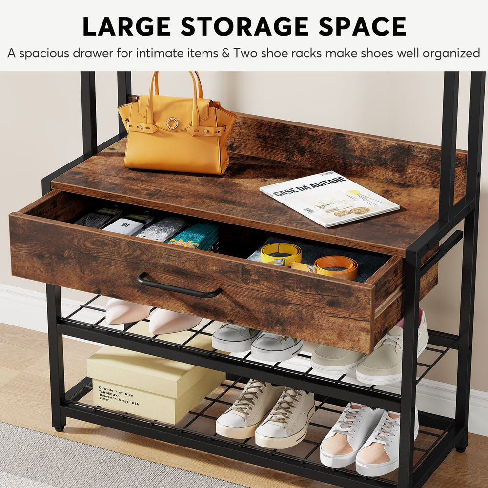 Open drawer under the bench seat holding entry essentials over two shoe shelves
