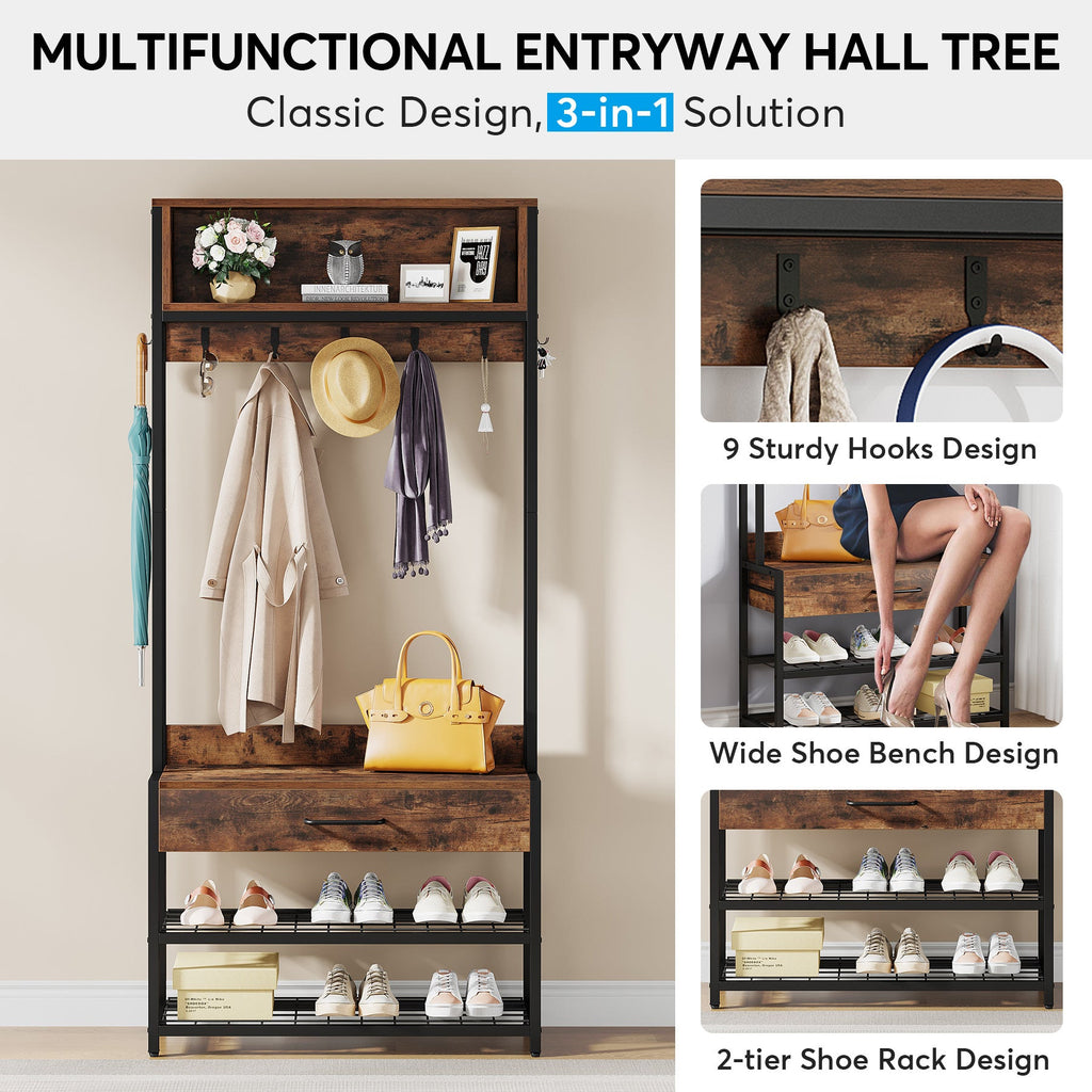 Multifunctional hall tree callouts: 9 hooks, wide shoe bench, 2 tier shoe rack