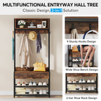 Multifunctional hall tree callouts: 9 hooks, wide shoe bench, 2 tier shoe rack