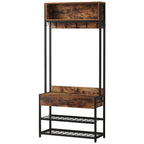 Industrial hall tree with drawer and mesh shelves on a white background