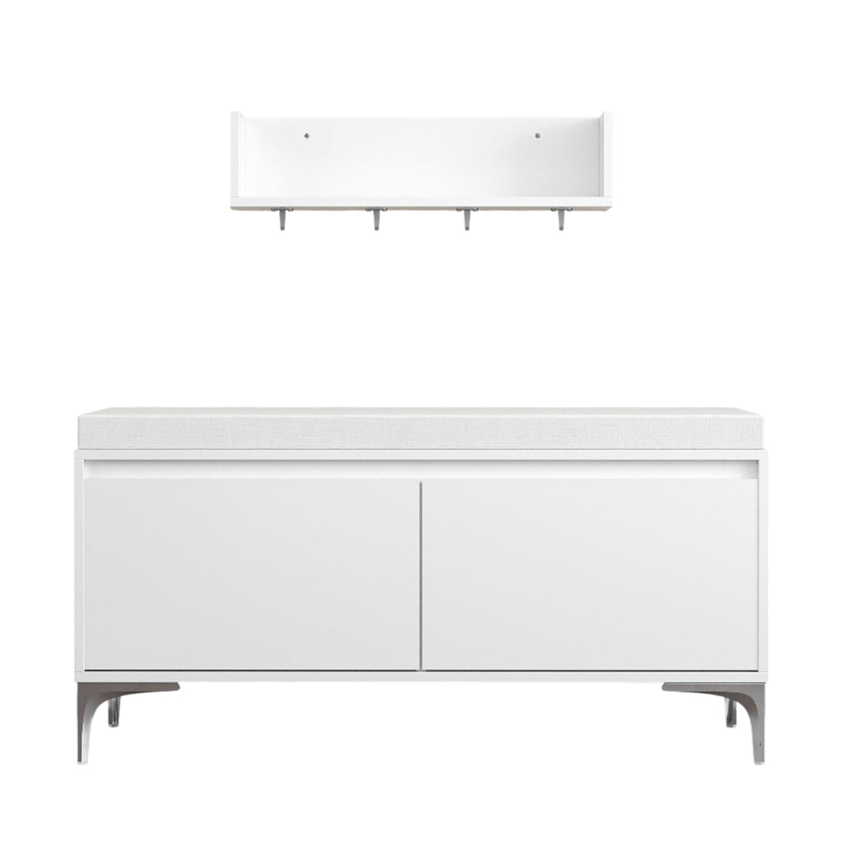 Off white entryway set, storage bench and wall mounted hook shelf