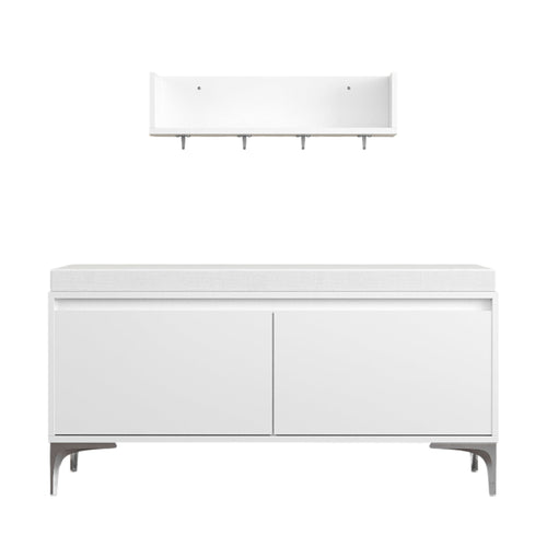 Off white entryway set, storage bench and wall mounted hook shelf
