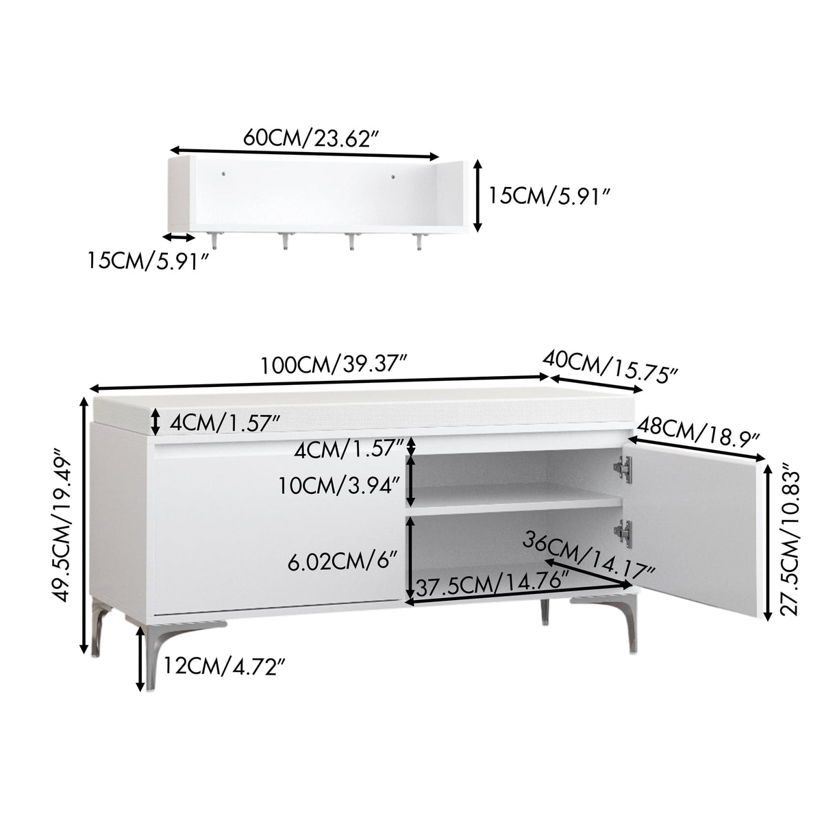 Dimension guide for both pieces, bench 39.37 in and shelf 23.62 in