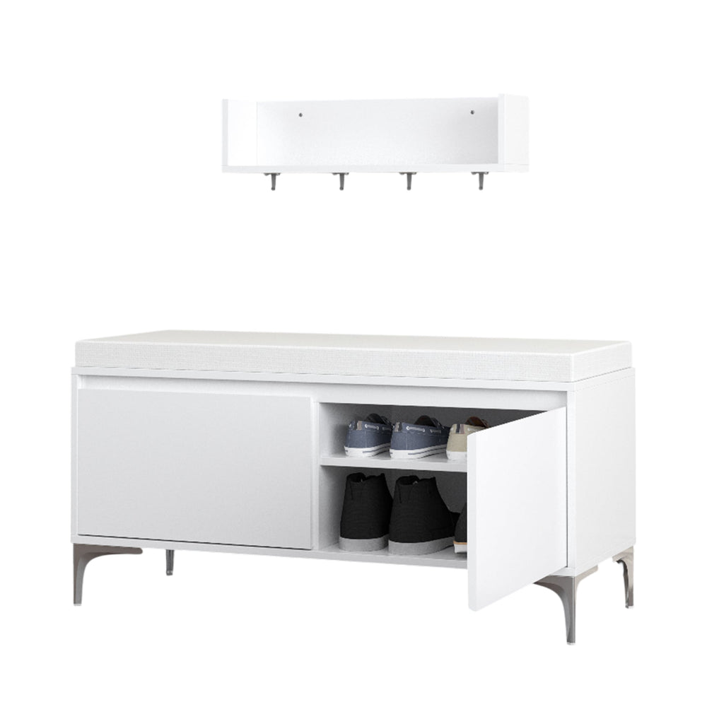 Bench doors open showing two tier shoe storage