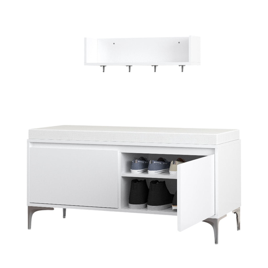 Bench doors open showing two tier shoe storage