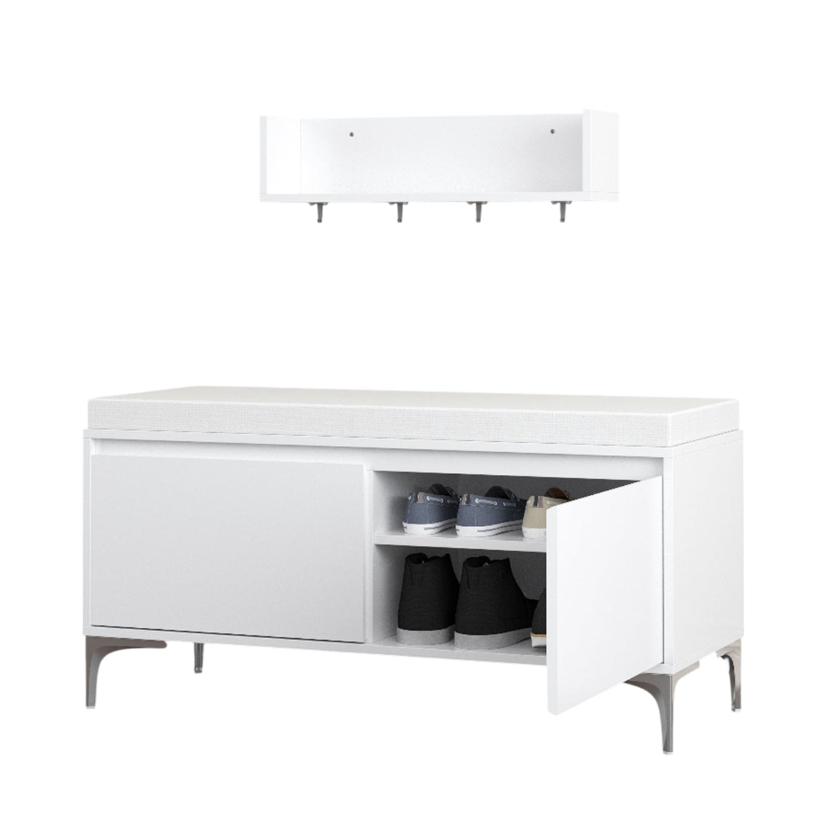 Bench doors open showing two tier shoe storage