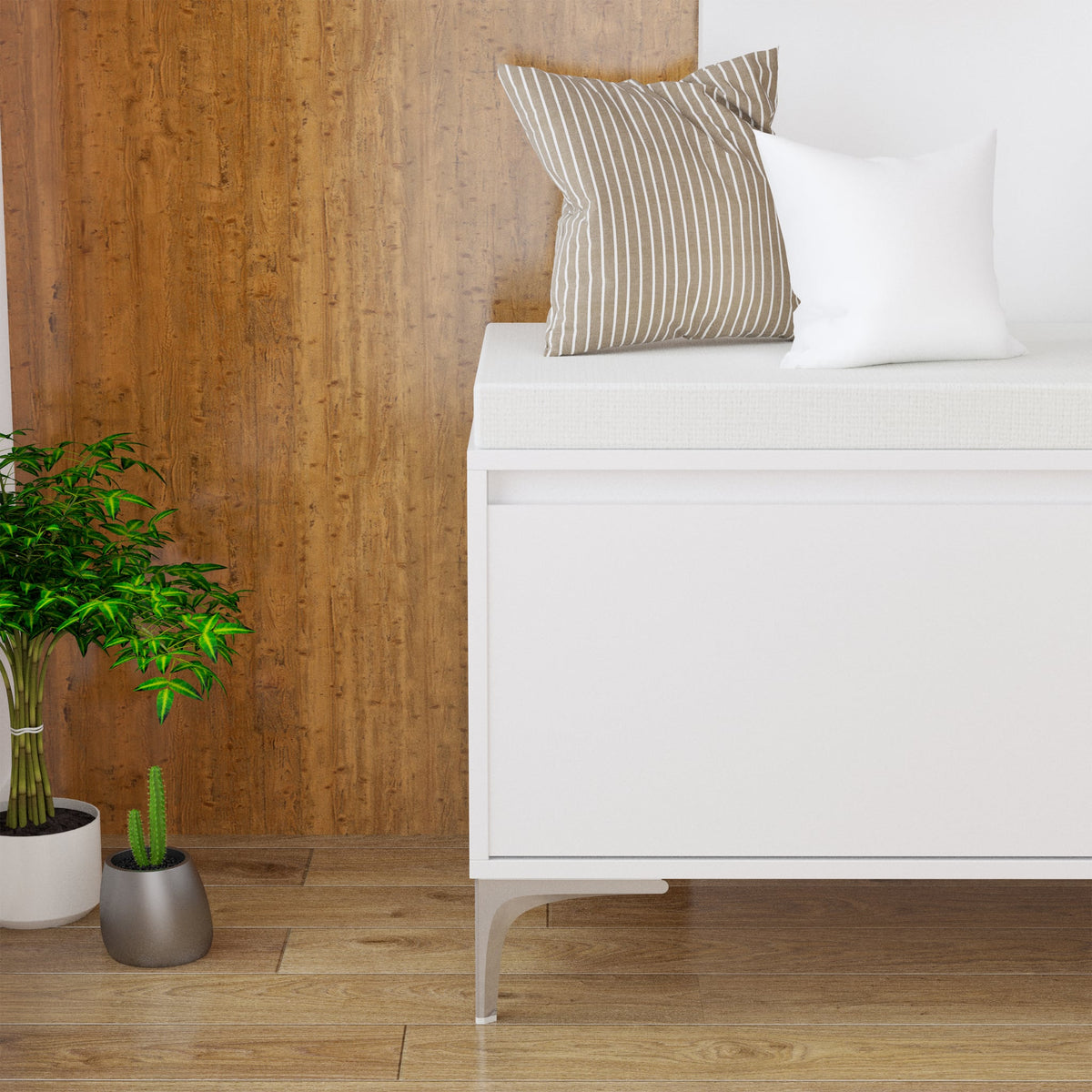 Bench corner detail with cushion and pillows