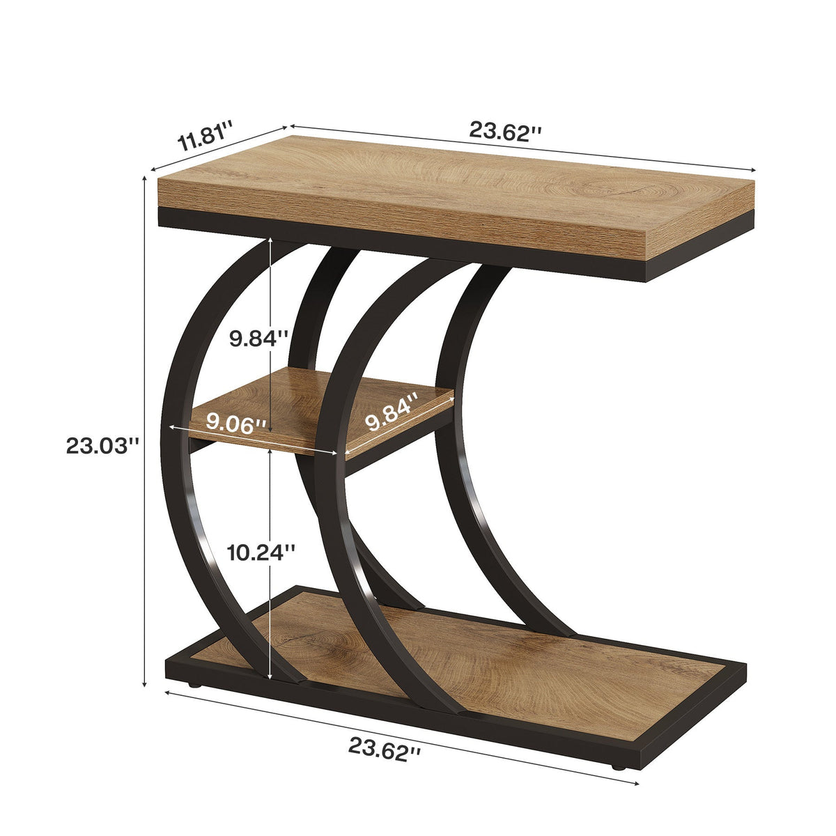 Dimension diagram: 23.62 x 11.81 x 23.03 in with three tier shelf spacing