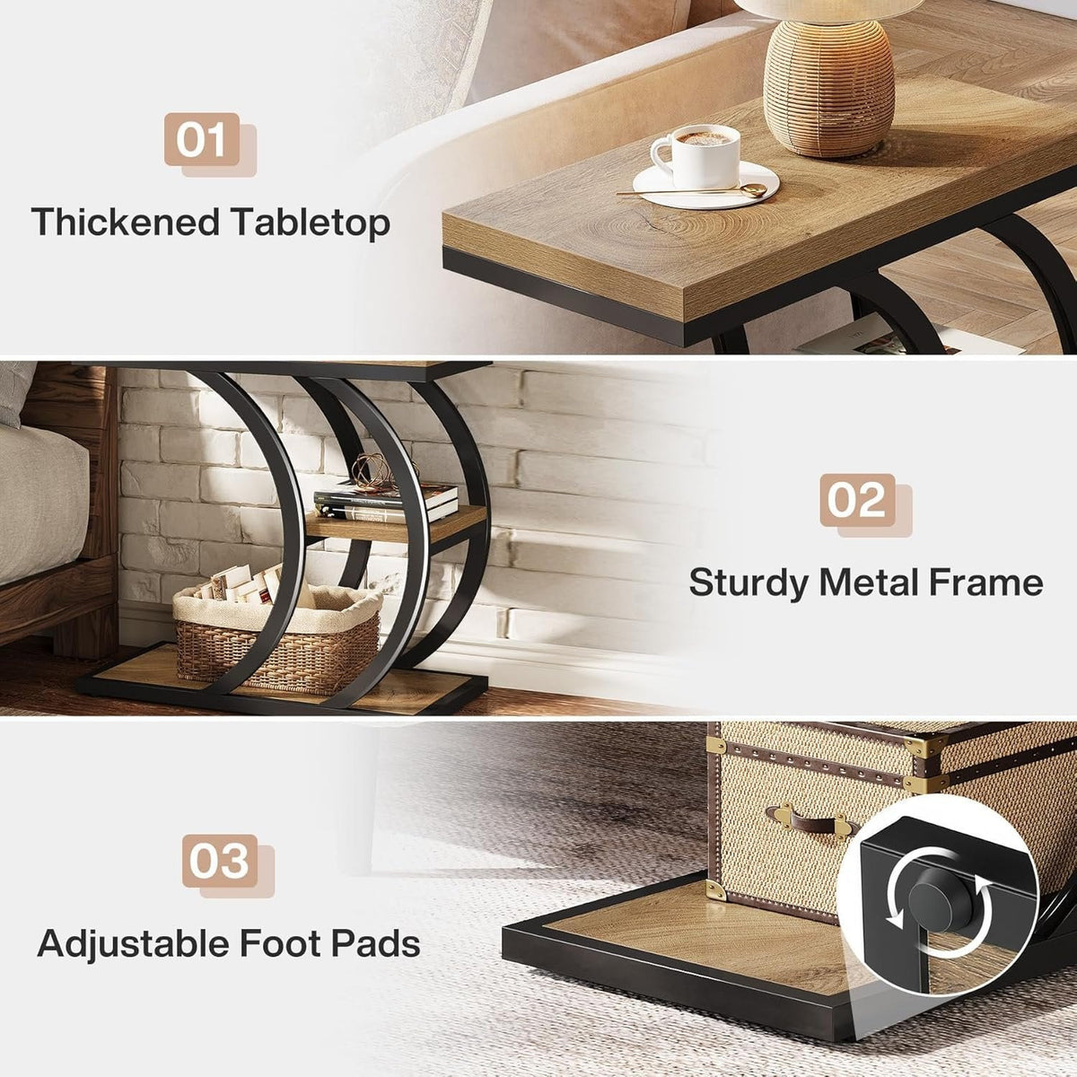 Thickened tabletop, sturdy metal frame and adjustable foot pad details