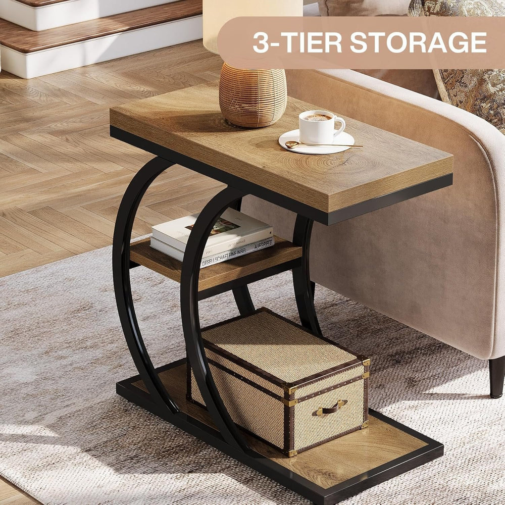 Three tier storage callout showing the C shaped frame beside a sofa
