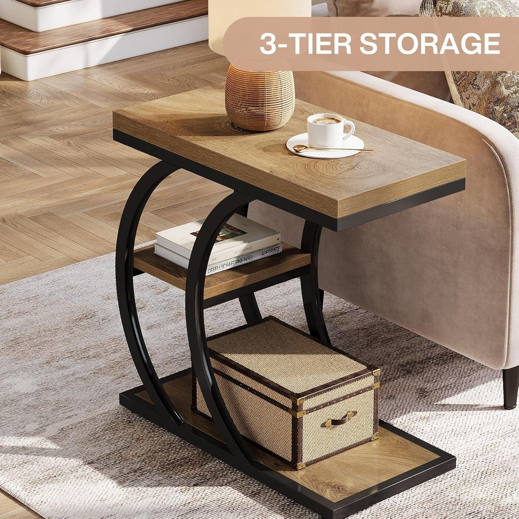 Three tier storage callout showing the C shaped frame beside a sofa