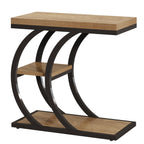 Rustic brown C shaped three tier side table on a plain background