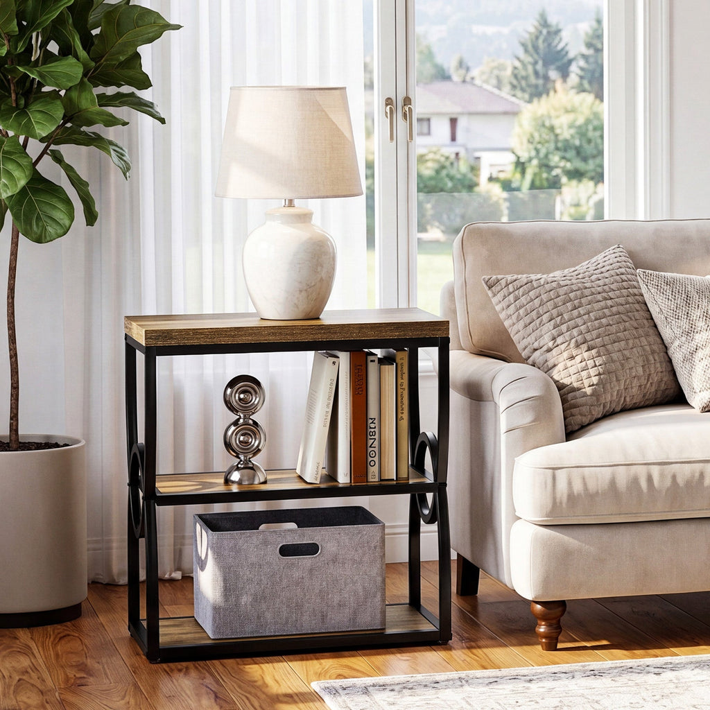 Stowena narrow rustic brown end table beside a sofa holding a lamp and books