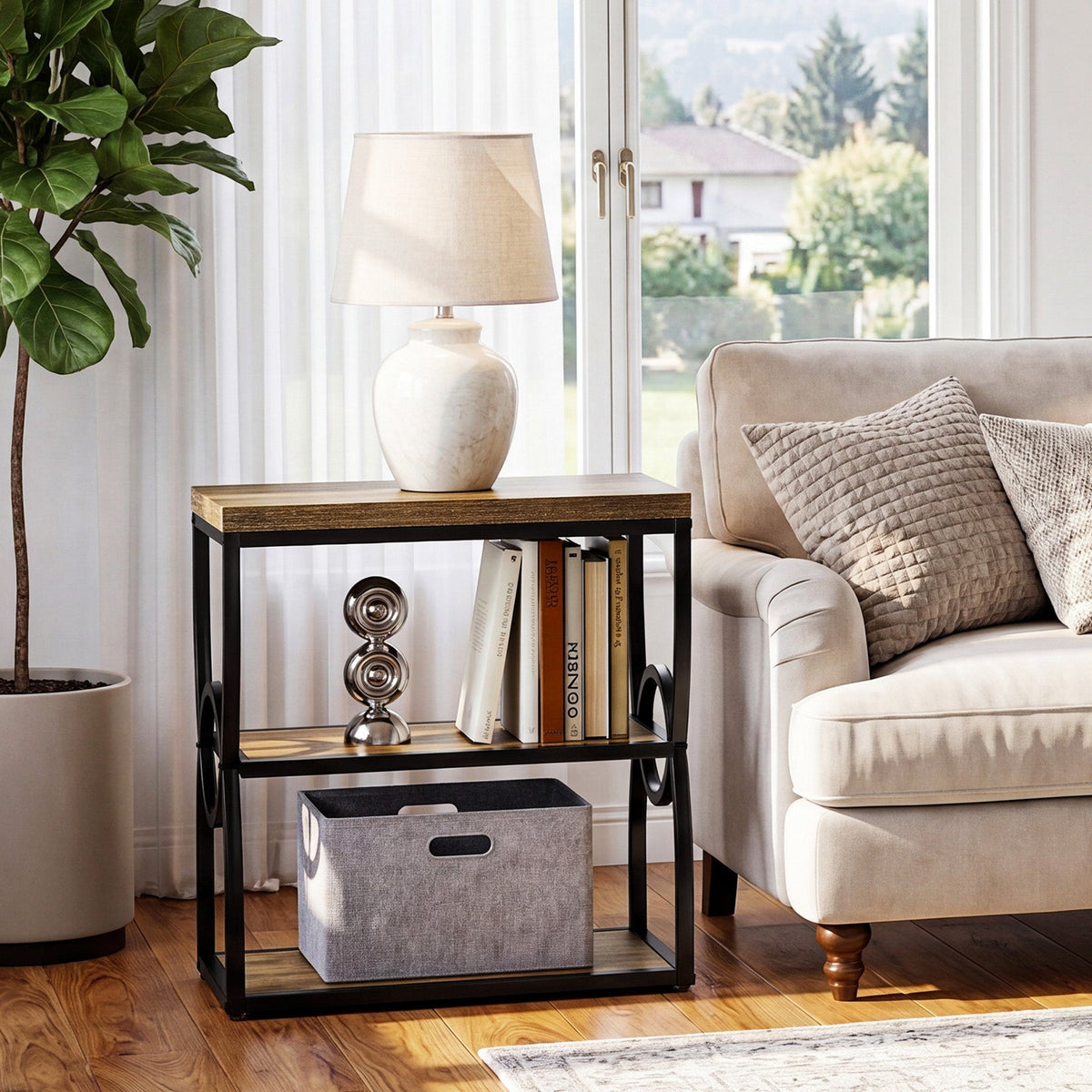 Stowena narrow rustic brown end table beside a sofa holding a lamp and books
