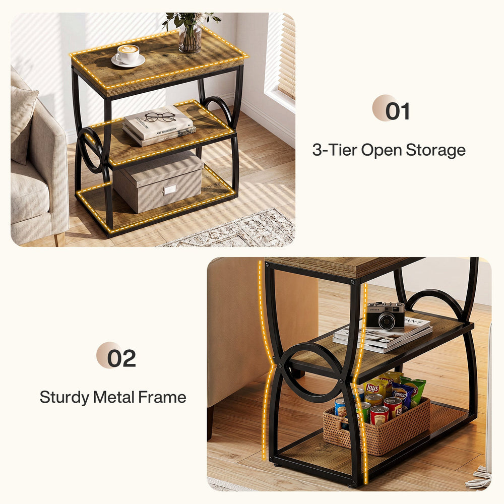 Three tier open storage and sturdy metal frame callouts