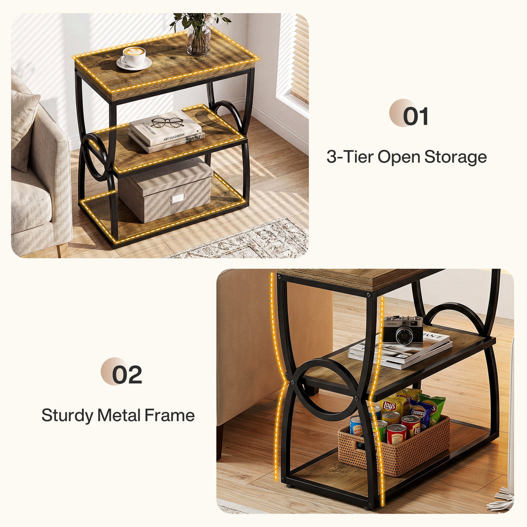 Three tier open storage and sturdy metal frame callouts