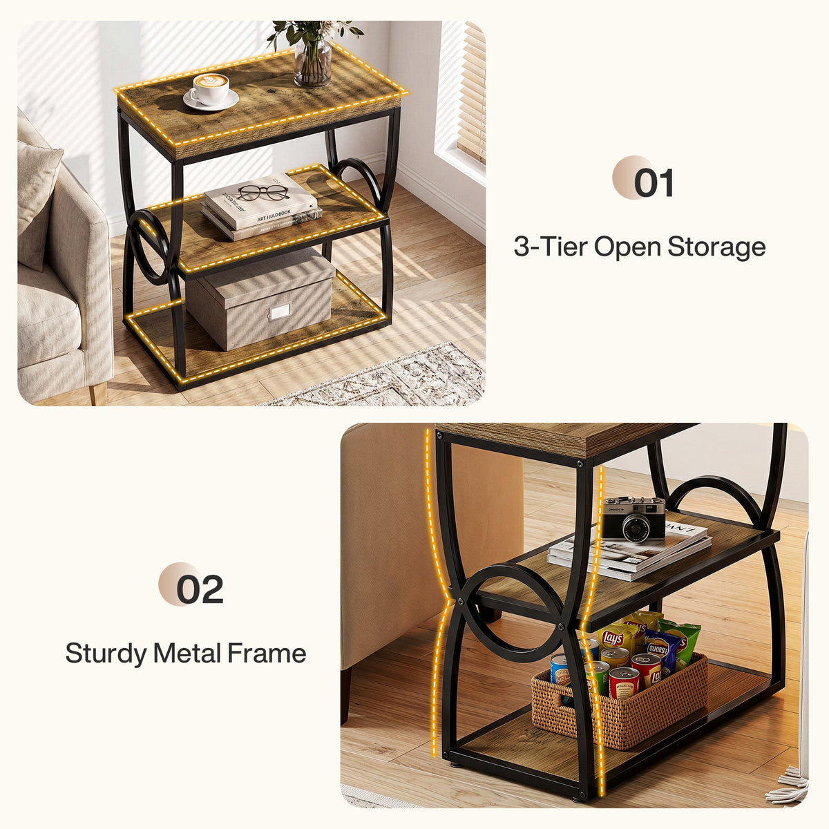 Three tier open storage and sturdy metal frame callouts