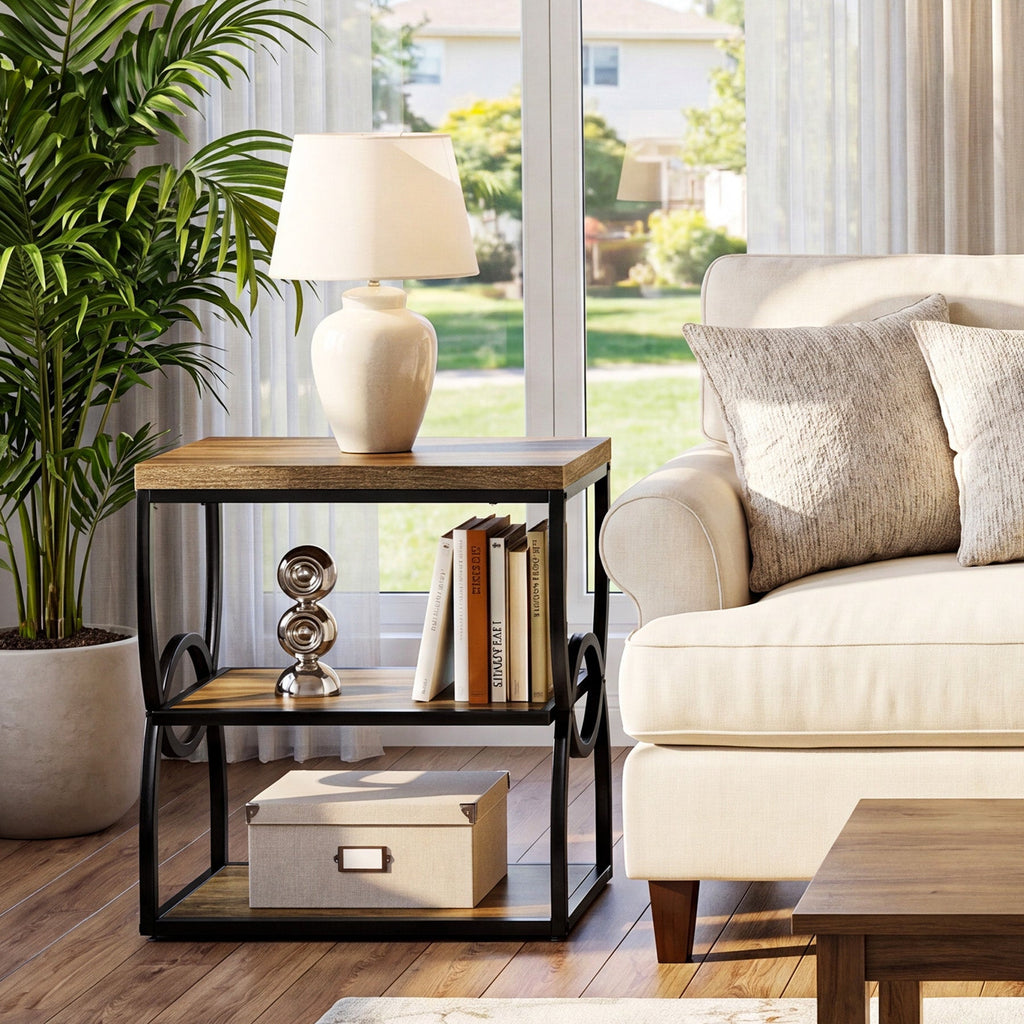 Slim end table beside an armchair with a lamp and a storage box