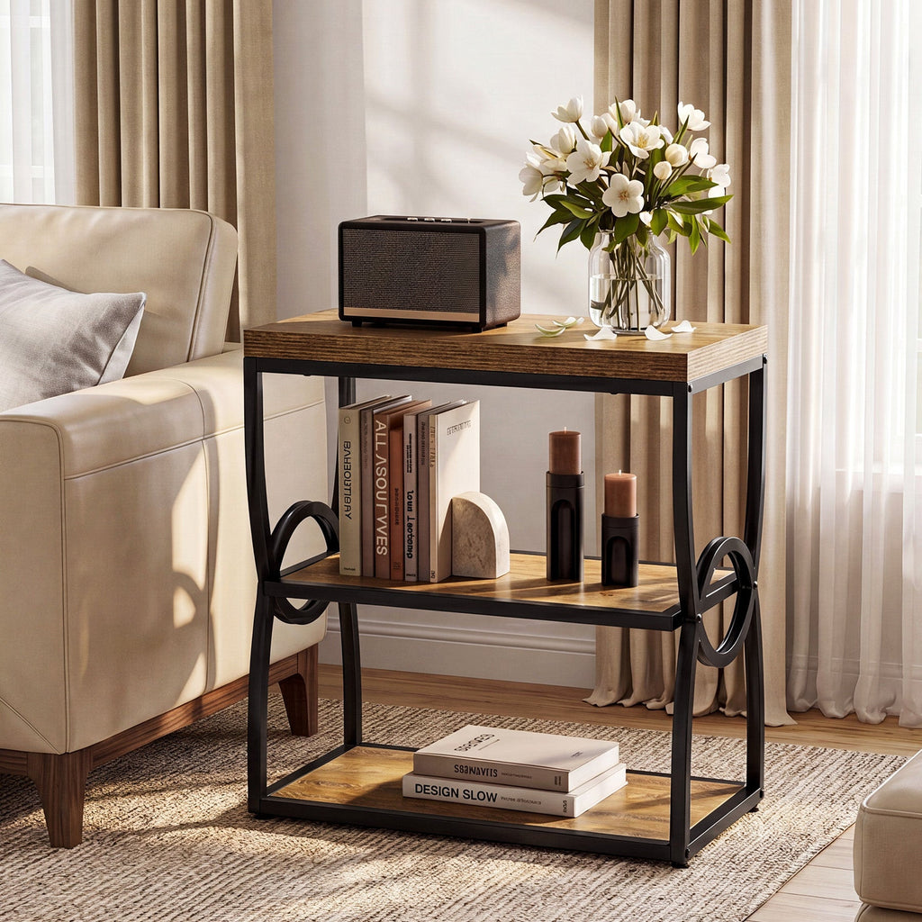 Three shelf end table with books and a radio beside a sofa