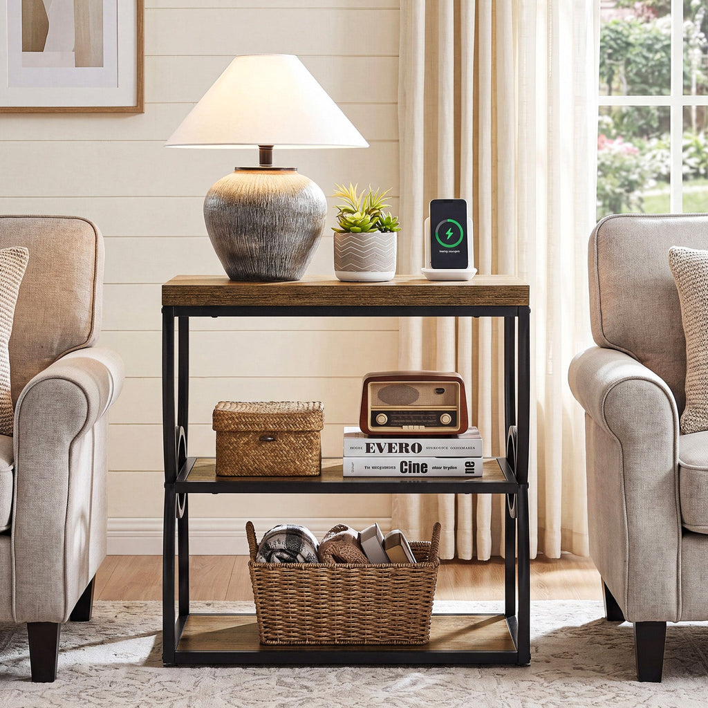 Three tier side table between two armchairs holding a lamp and plant