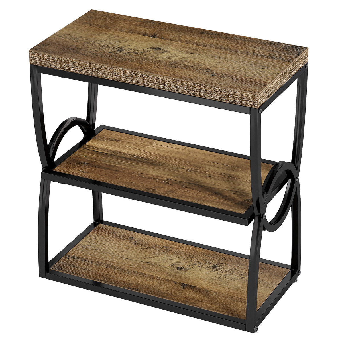 Narrow three shelf end table with black metal frame on a plain background