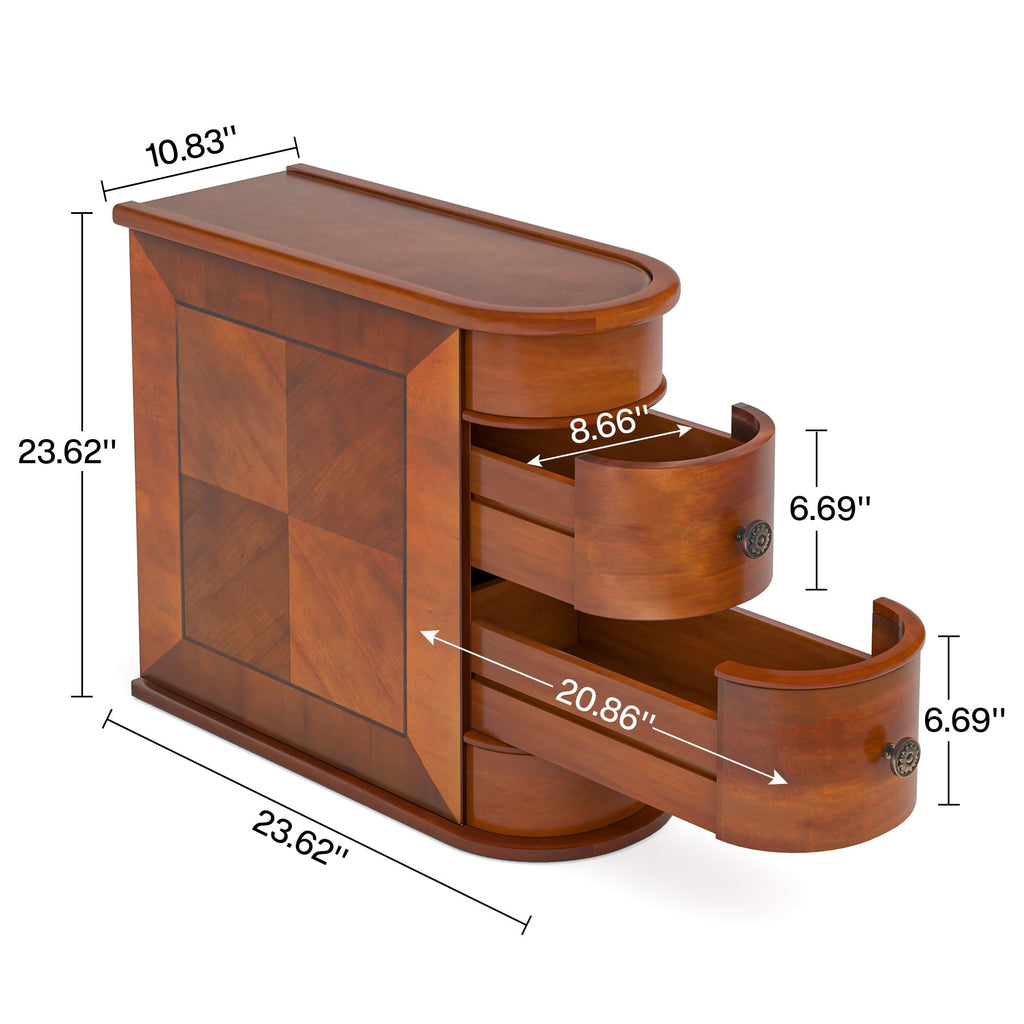 Dimension diagram showing 23.62 by 10.83 by 23.62 inches and both drawers pulled from the narrow end