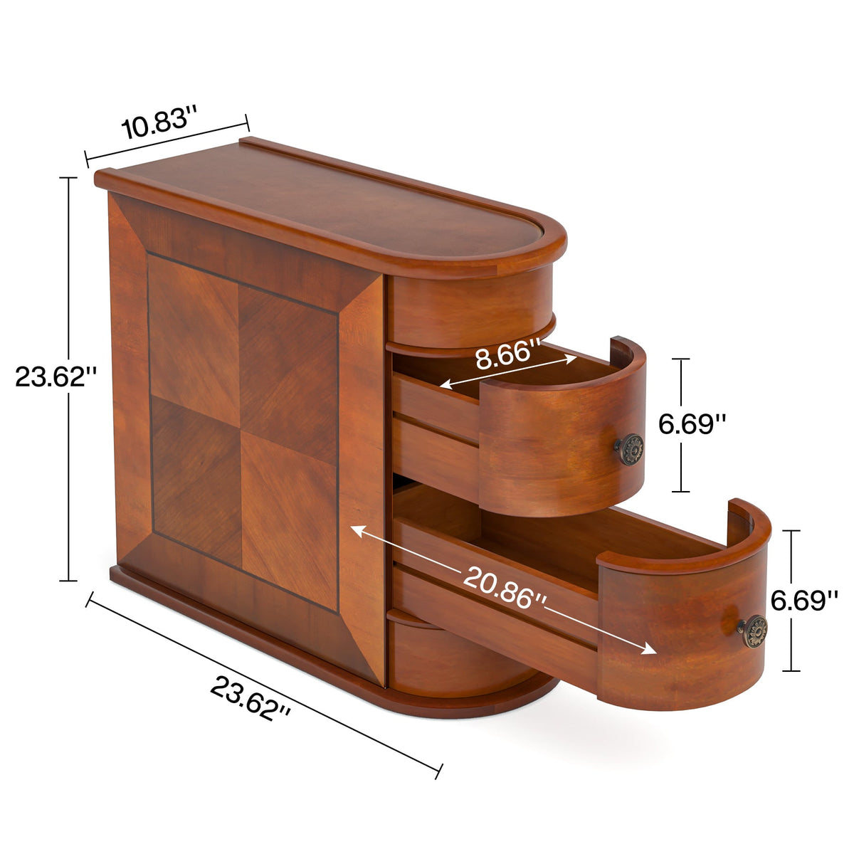 Dimension diagram showing 23.62 by 10.83 by 23.62 inches and both drawers pulled from the narrow end