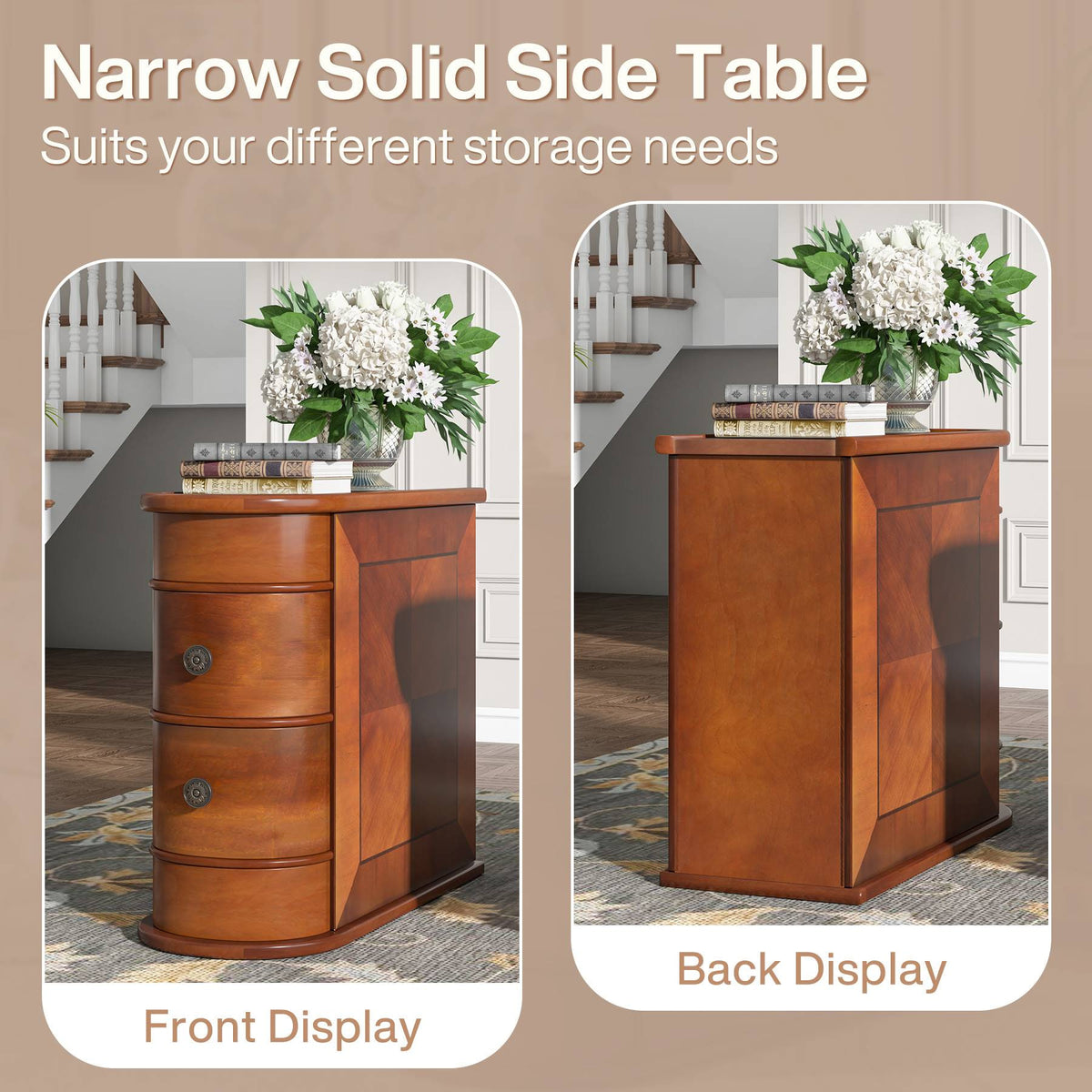 Front and back views of the walnut chairside table shown side by side