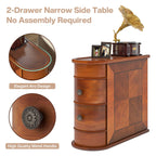 Close view of the curved arc profile and the aged metal drawer handle