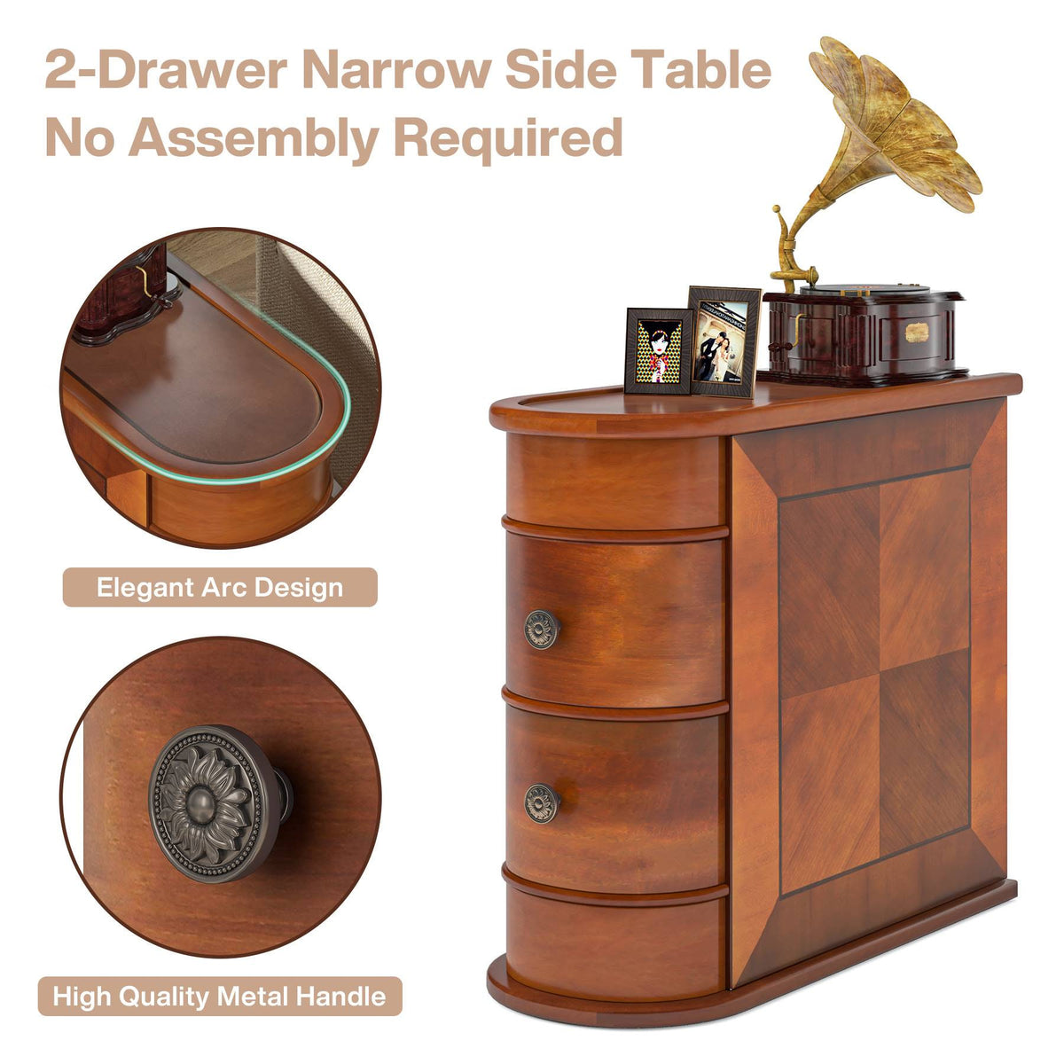 Close view of the curved arc profile and the aged metal drawer handle