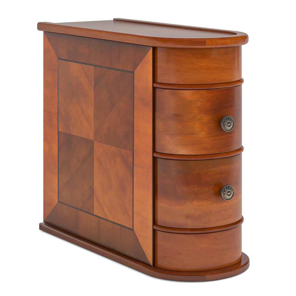 Walnut chairside end table photographed from the drawer end against a plain background