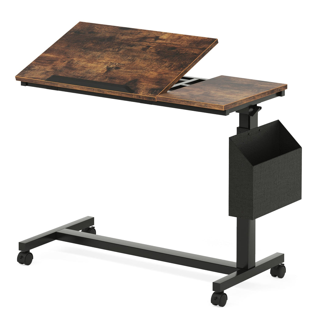 Rustic brown C table on four casters photographed against a plain background