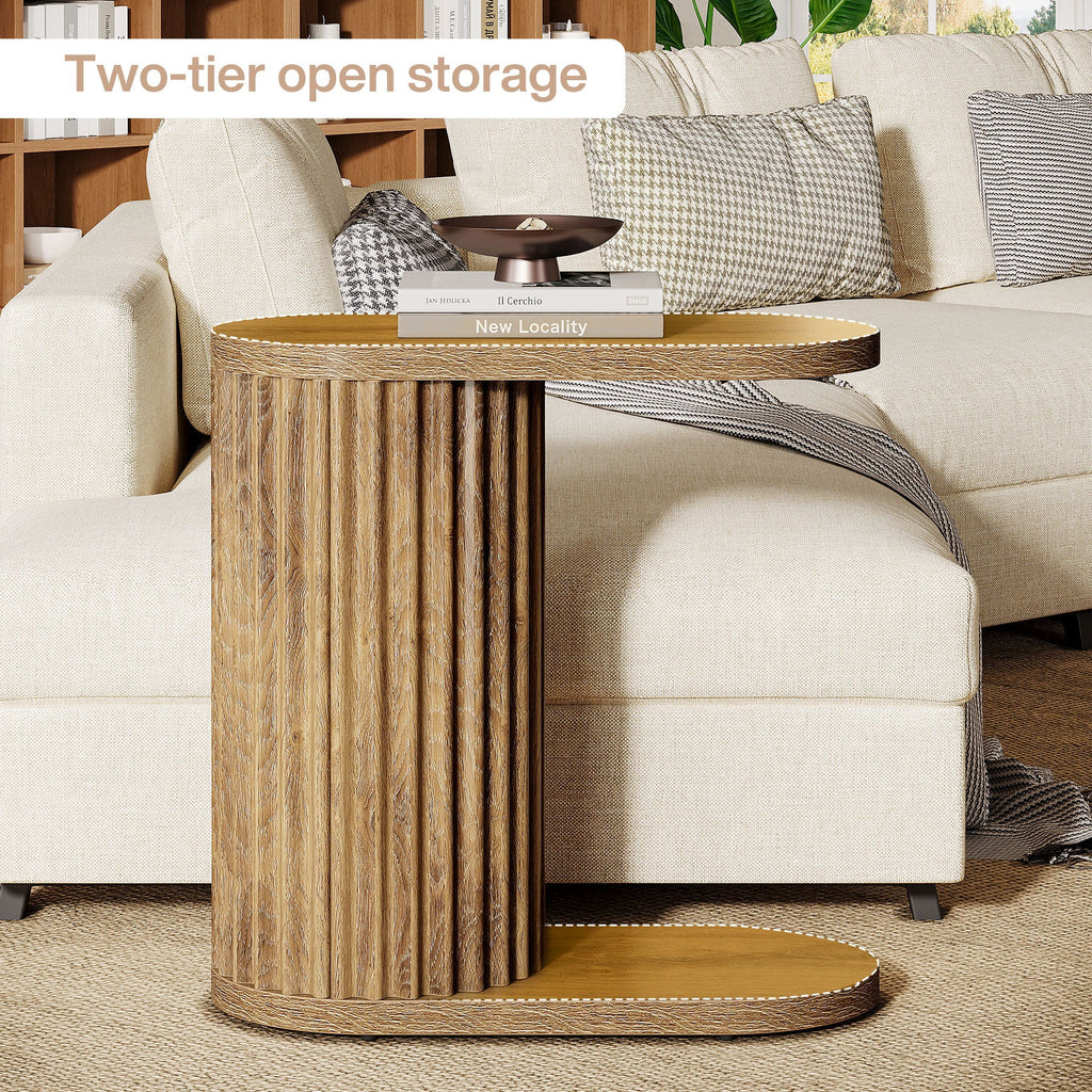 Two tier open storage on the fluted C shaped side table beside a sofa