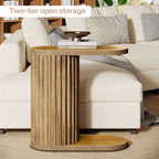 Two tier open storage on the fluted C shaped side table beside a sofa