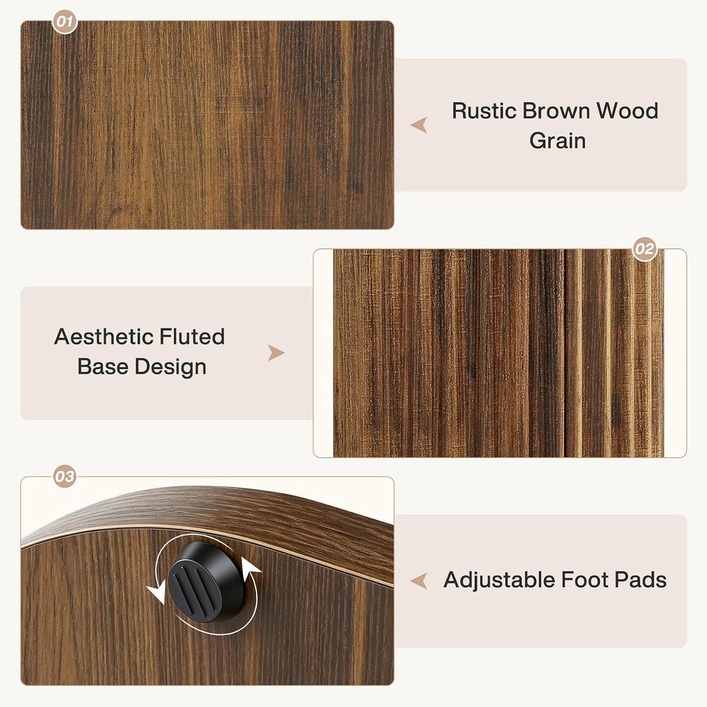 Rustic brown wood grain, fluted base design and adjustable foot pad callouts