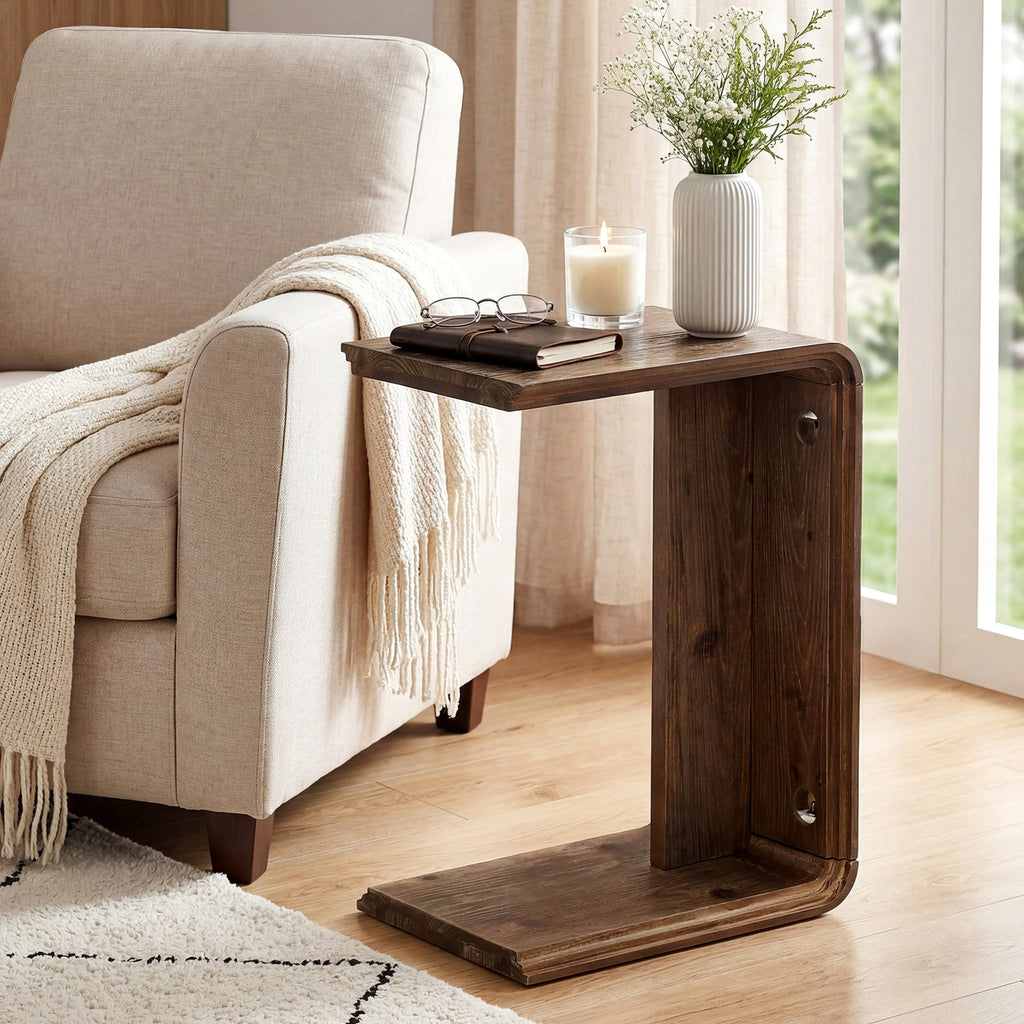 Stowena C shaped solid wood end table beside a white sofa holding a vase of flowers
