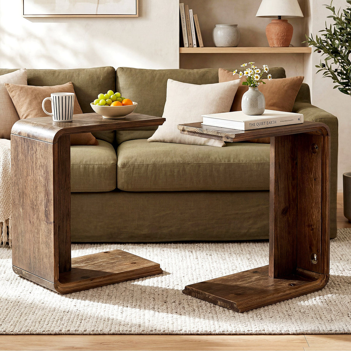 C table slid under a green sofa with fruit and books on top