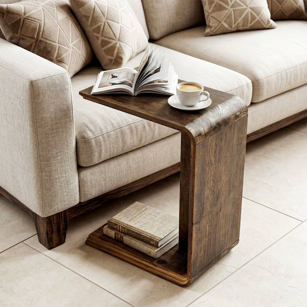 C shaped end table holding an open book and coffee beside a beige couch