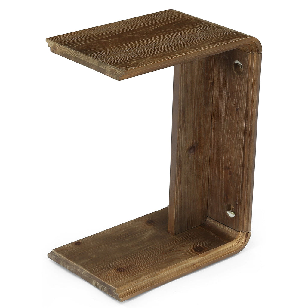 Natural solid wood C shaped end table on a white background