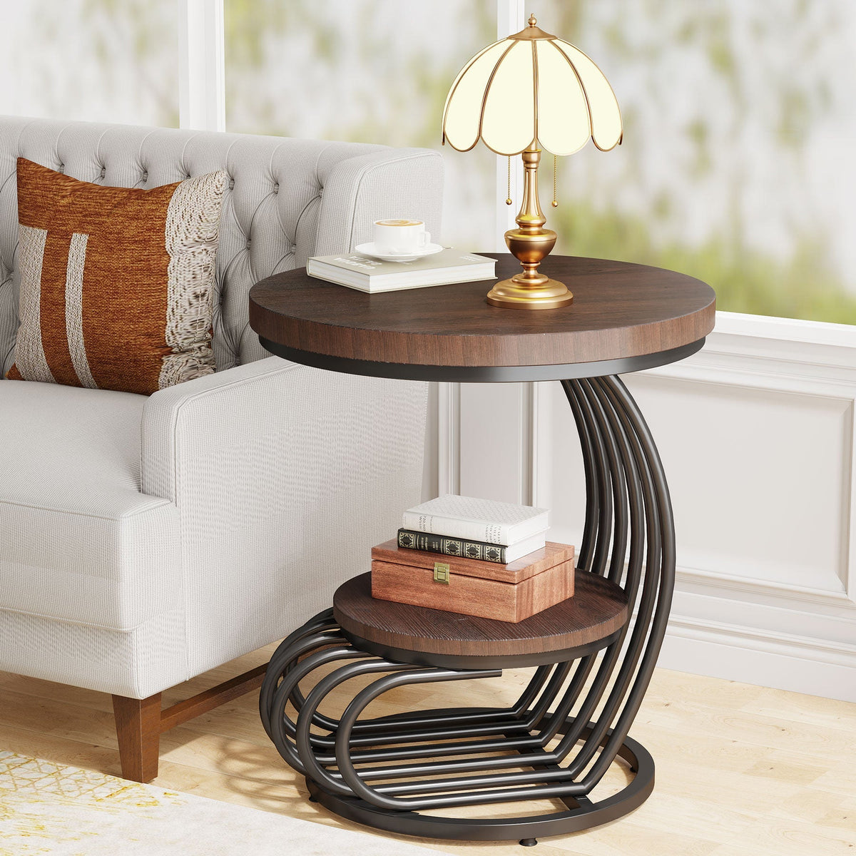 Stowena rustic brown round two tier end table beside a sofa with a lamp