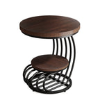 Round two tier end table with wood look top and black curved base