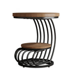 Angled view showing the circular black metal base and lower shelf