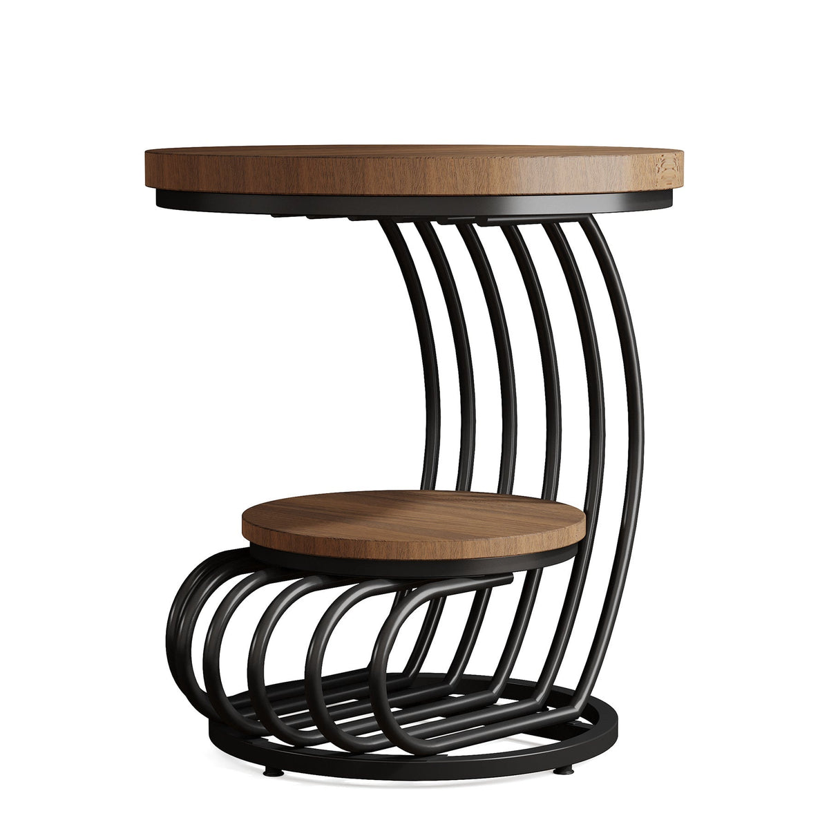 Angled view showing the circular black metal base and lower shelf
