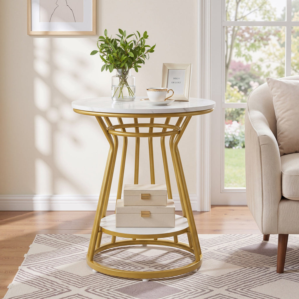 Two tier gold end table between a sofa and a window with a plant on top