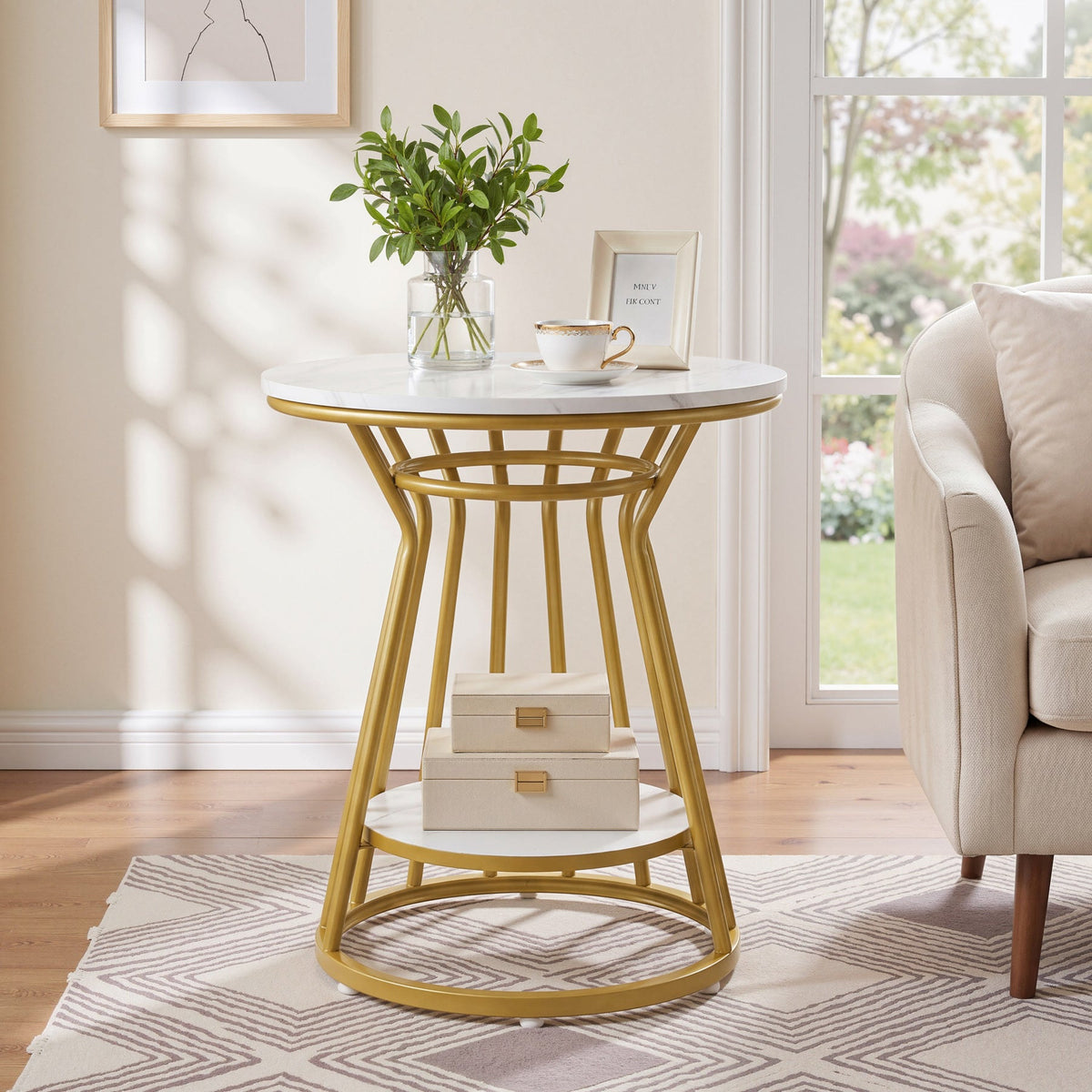 Two tier gold end table between a sofa and a window with a plant on top