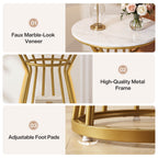 Feature callouts: faux marble look veneer, metal frame, adjustable foot pads