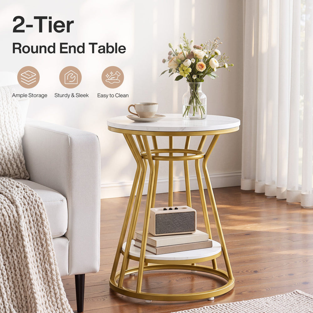 2 tier round end table with flowers and coffee styled by an armchair